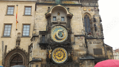 Prague, Czech Republic - October 8, 2015 : Historical medieval astronomical clock in Old Town Square, Orloj, with people. Mobile photo. Famous tourist and traveler routs.