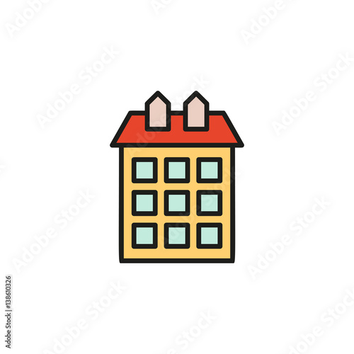 Isolated orange color low-rise municipal house in lineart style icon, element of urban architectural building vector illustration.