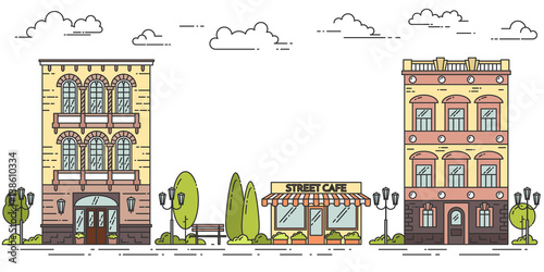 City landscape with houses cafe trees clouds Line art