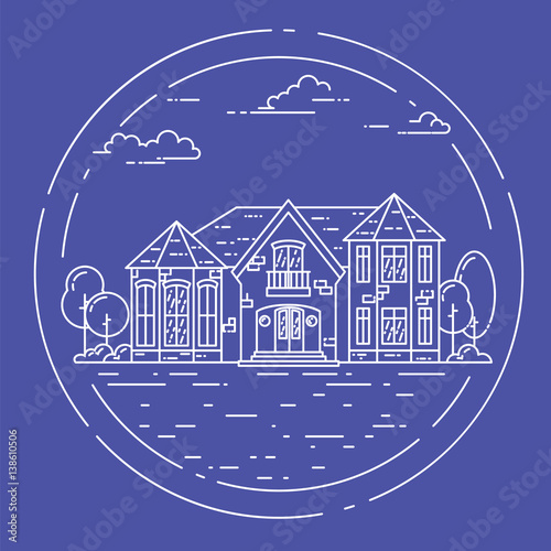 Suburb landscape with private separate house, yard on white background