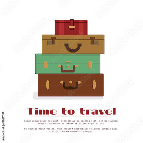 Stack of old shabby suitcases for travel agency, hotel banner, card