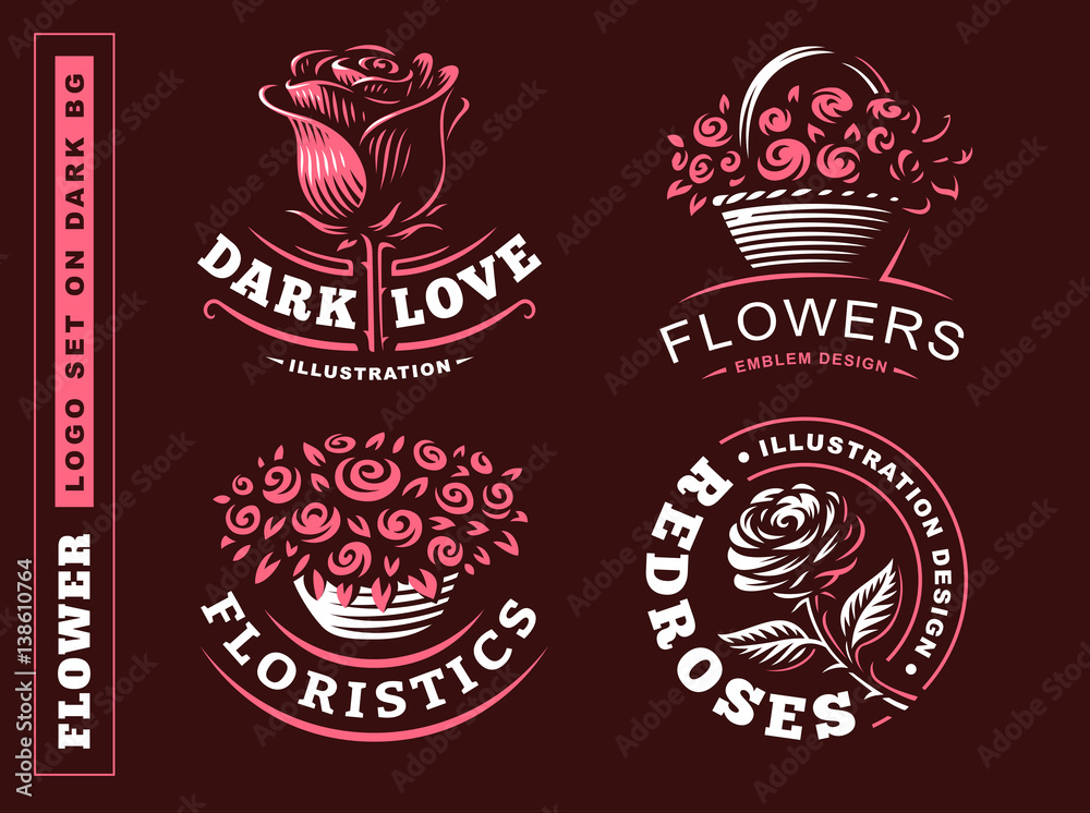 Set flowers logo - vector illustration, emblem design on dark background