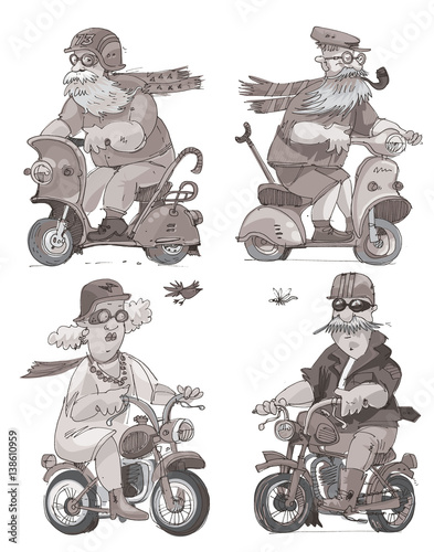 cheerful elderly person riding on a scooter - cartoon