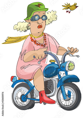 cheerful elderly person riding on a scooter - cartoon