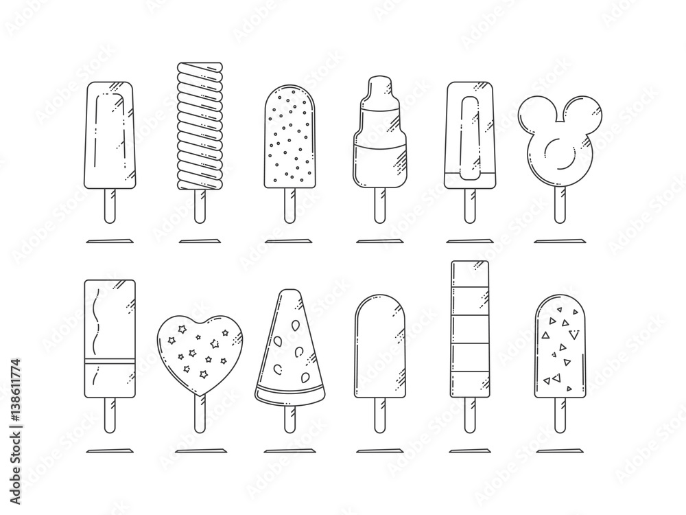 Collection Of Ice Cream. Line Style Vector Illustration