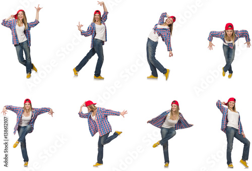 Collage of woman dancing isolated on white