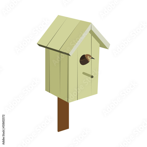 Birdhouse handmade from wood, yellow color with a bird. Vector. © nikiwork