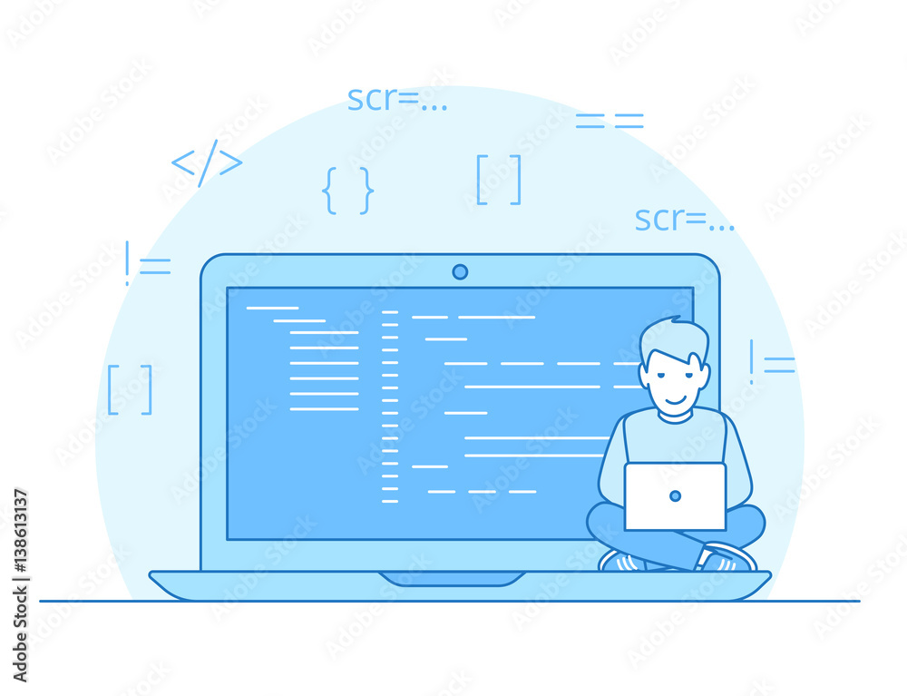 Linear Flat Programmer laptop vector. Technology software APP Linear Flat Programmer laptop vector. Technology software APP