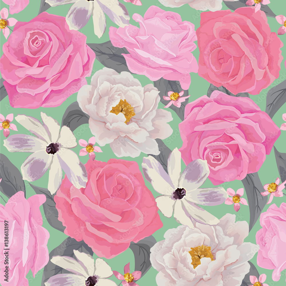 Elegance seamless color flower pattern with roses and peonies
