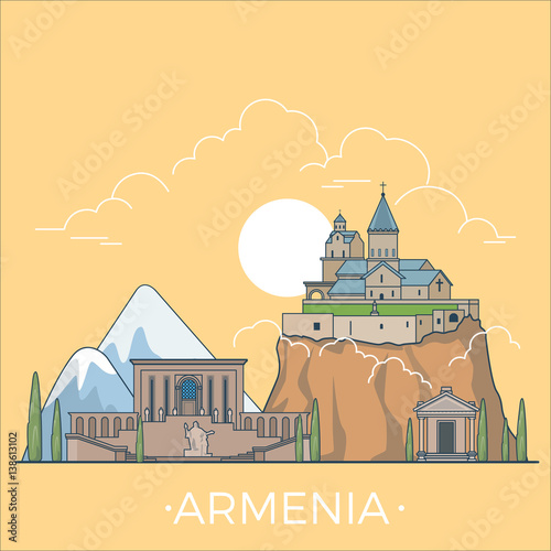 World travel in Armenia Linear Flat vector design template.