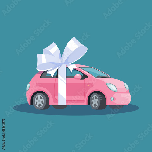Vector illustration pink mini woman car with white bow flat style on blue background. Concept design gift automobile.