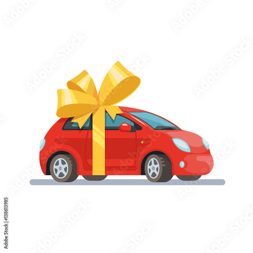 Vector illustration red car with bow flat style on white background. Concept design gift automobile.
