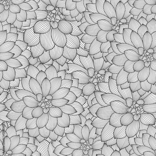 Fototapeta Naklejka Na Ścianę i Meble -  Monochrome seamless hand-drawing floral background with flower dahlias. Vector illustration.