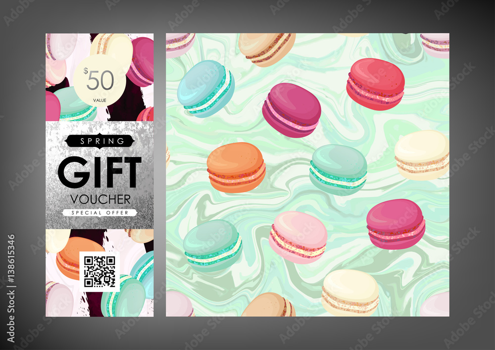 Gift certificate, Voucher, Coupon template with macaroons colorful pattern. Trendy confectionery texture with classic french almond cookies on art stroke stripes, marble background.