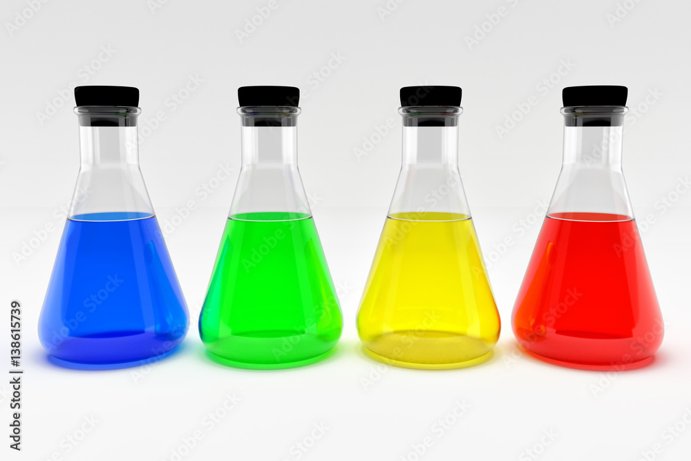 Four laboratory flasks with black cork plugs and colorful liquids isolated on white background. Digitally generated image. Four laboratory flasks with black cork plugs and colorful liquids isolated on white background. Digitally generated image.
