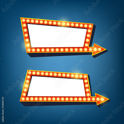 Retro light frames with arrow. Electric bulbs billboard. Vector illustration.