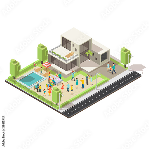 Isometric Suburban Villa Party Concept