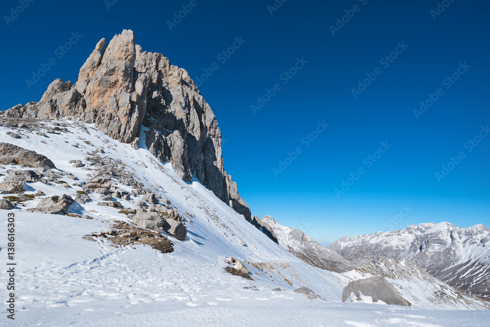 Winter Landscape in Picos de Europa mountains, Cantabria, Spain.