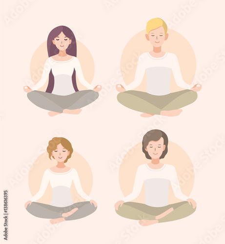 Set young woman and man meditating in lotus pose and crossed legs . Relaxation, isolated people illustration.