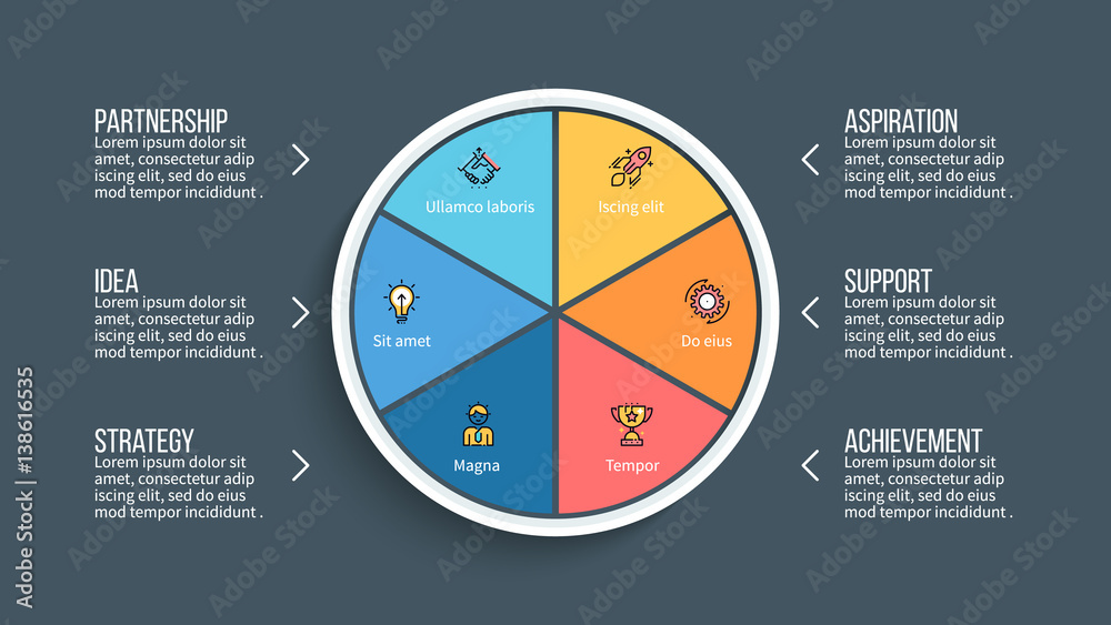 Vector pie chart. Presentation template with 6 steps, options, sections ...