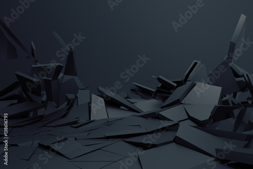 Abstract 3d rendering of cracked surface. Background with broken shape. Wall destruction. Bursting with debris. Modern cgi illustration. Design for poster, banner, placard, cover, print. photo