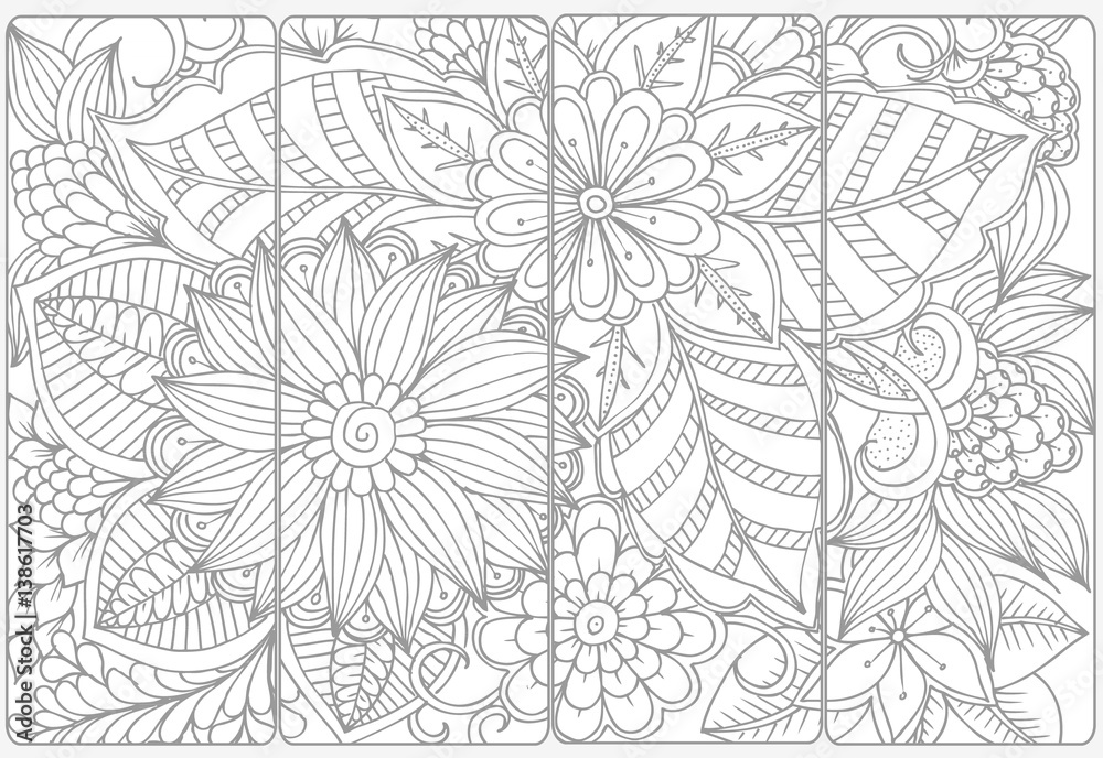 Vector set of monochrome bookmarks and doodle flowers for coloring adult coloring book. Vector set of monochrome bookmarks and doodle flowers for coloring adult coloring book.