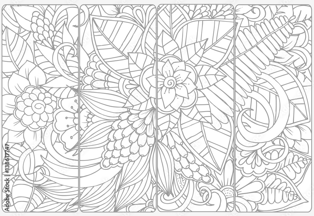 Obraz premium Vector set of monochrome bookmarks and doodle flowers for coloring adult coloring book.