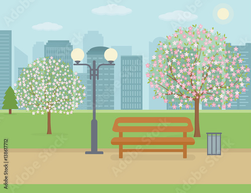 Spring landscape background. Public park in the city. Vector illustration.