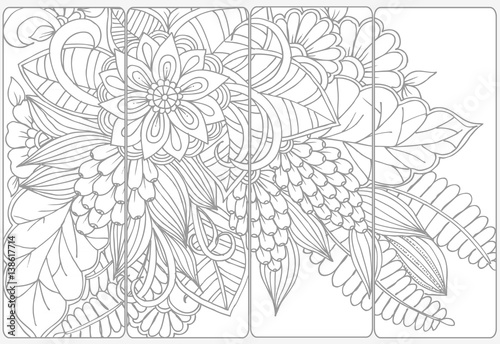 Vector set of monochrome bookmarks and doodle flowers for coloring adult coloring book.