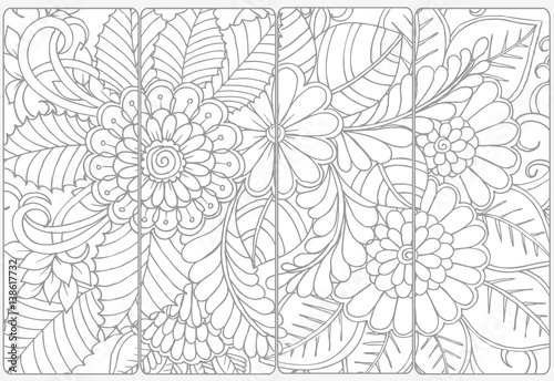 Vector set of monochrome bookmarks and doodle flowers for coloring adult coloring book.