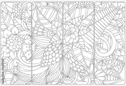 Vector set of monochrome bookmarks and doodle flowers for coloring adult coloring book.