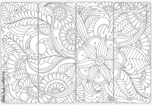 Vector set of monochrome bookmarks and doodle flowers for coloring adult coloring book.