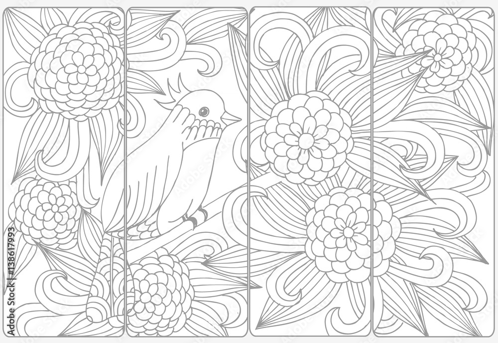 Naklejka premium Vector set of monochrome bookmarks and doodle flowers for coloring adult coloring book.