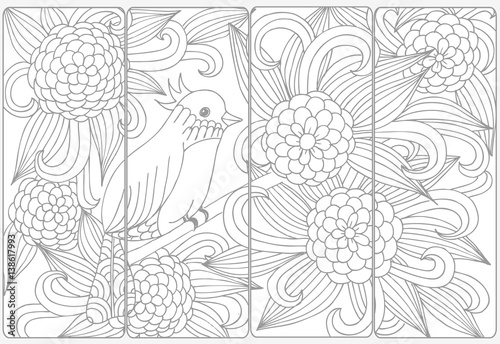 Vector set of monochrome bookmarks and doodle flowers for coloring adult coloring book.