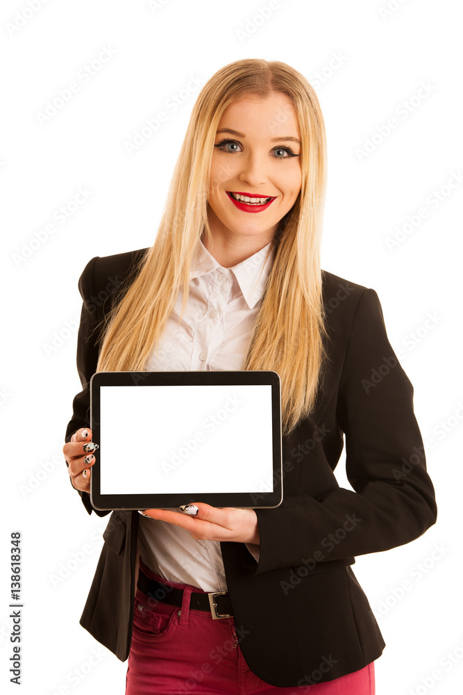 Business woman showing tablet with blank display for text or commercial advertisement ad Business woman showing tablet with blank display for text or commercial advertisement ad