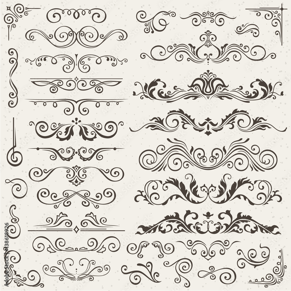 Flourish Border Corner and Frame Elements Collection. Vector Card Invitation . Victorian Grunge Calligraphic. Wedding Invitations Set. Medieval Ornament Borders. Flower Leaf Silhouette