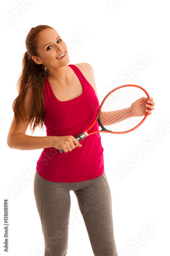 tennis - fit woman with racket isolated over white background