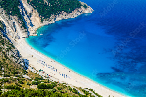 Aerial View of beautiful Myrtos Bay and Beach on Kefalonia Island, Greece