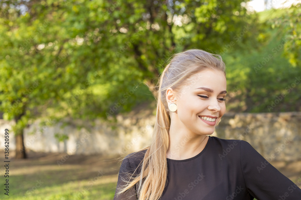 blond in stylish black blouse, business style. Outside smtrit distance. free space for your text blond in stylish black blouse, business style. Outside smtrit distance. free space for your text
