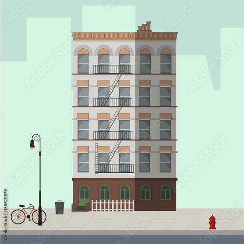 High apartment building white and brown. Flat vector illustration.