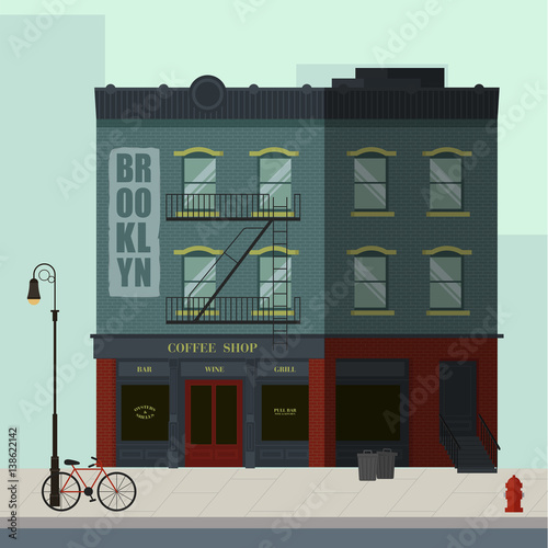 Blue apartment building with coffee shop in the ground floor. Flat vector illustration.