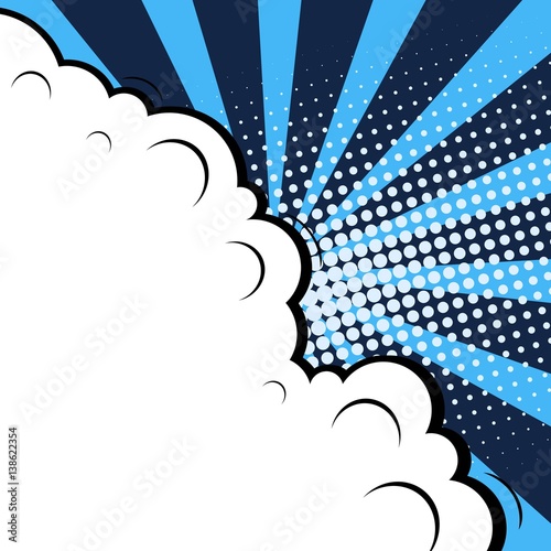 Abstract creative concept vector comic pop art style blank, layout template with clouds beams and isolated dots background. For sale banner, empty speech bubble set, illustration halftone book design.