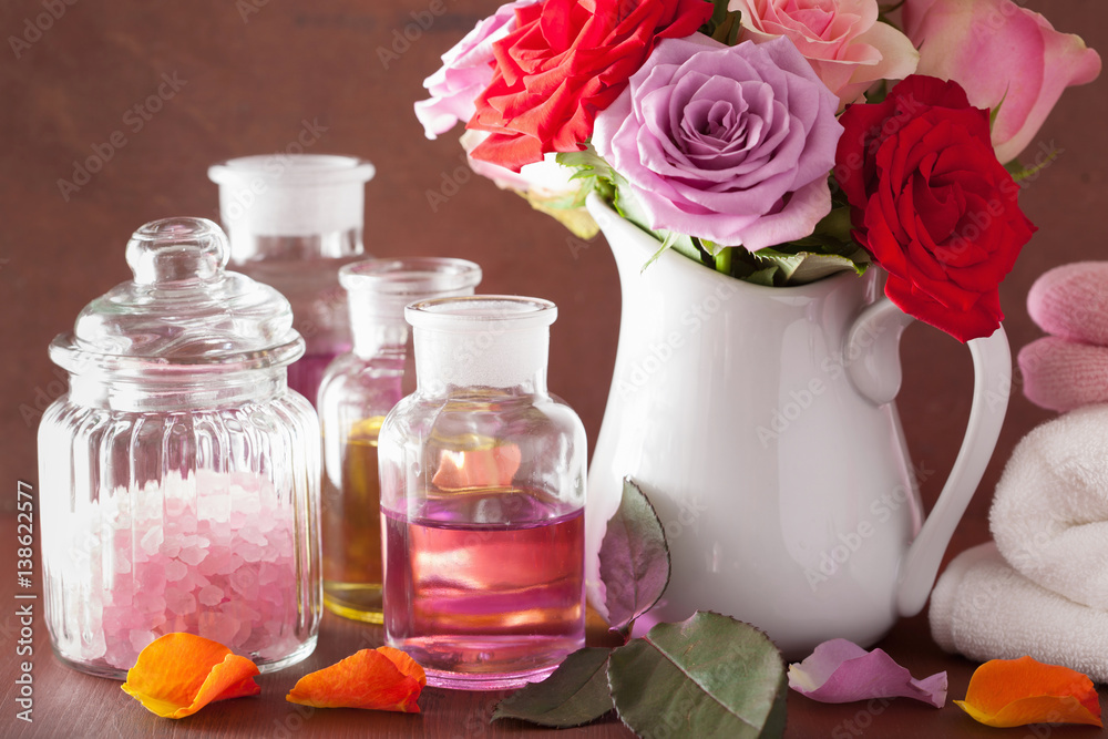 spa aromatherapy with rose flowers essential oil salt