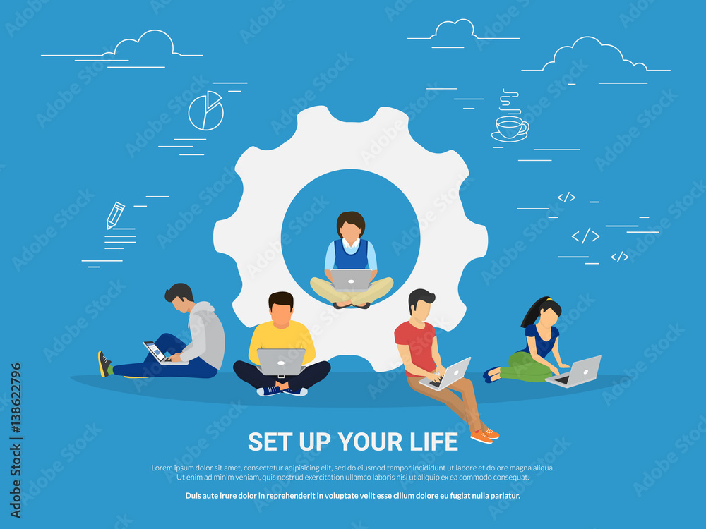 Set up your life concept illustration of young people working and learning to achieve success. Flat design of students using laptops sitting near big gear symbol on blue background