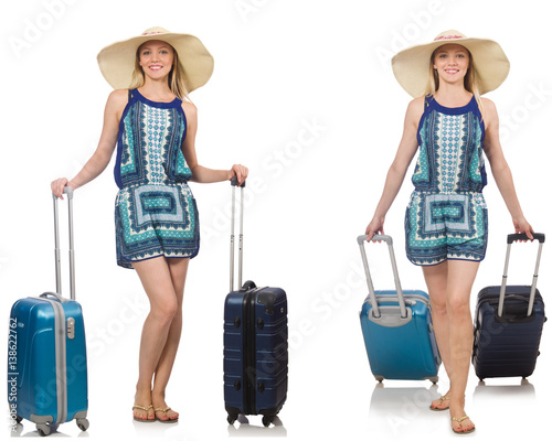 Collage of woman preparing for summer vacation isolated on white