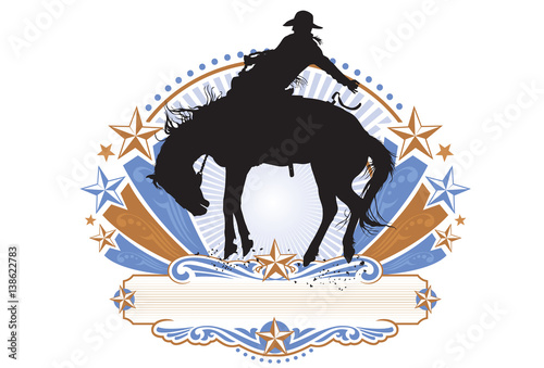 A vector silhouette of a Rodeo Saddle Bronc rider in a poster or logo design.