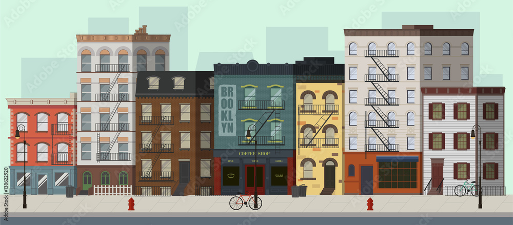 Street landscape with apartment buildings, shops and bars. Flat vector illustration. - obrazy, fototapety, plakaty 
