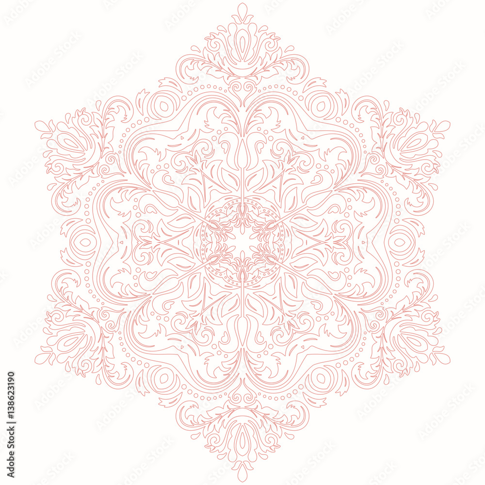 Oriental vector pink pattern with arabesques and floral elements. Traditional classic ornament. Vintage pattern with arabesques