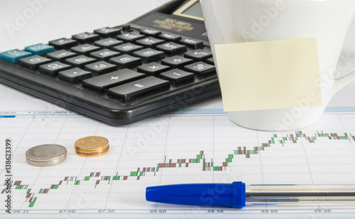 Finance chart calculator money pen and cup of coffee with an empty space for writing