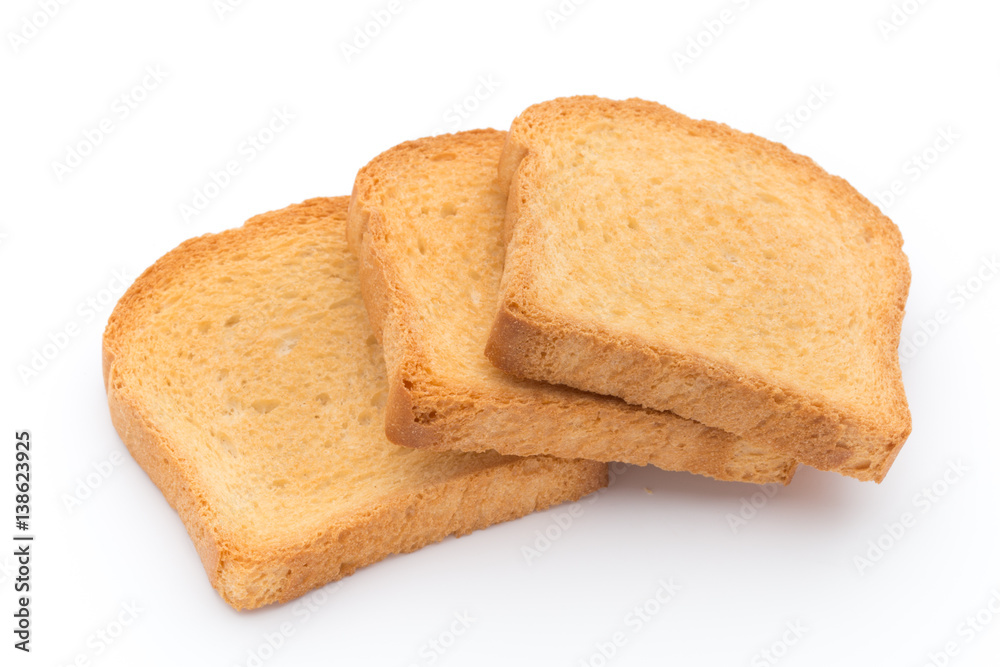 Slices of toast bread on wooden table, top view.